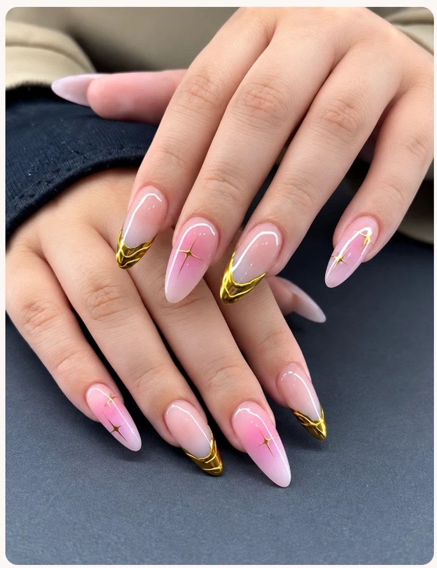Pink and gold almond nails at The Rose Nail Bar, Nanaimo BC